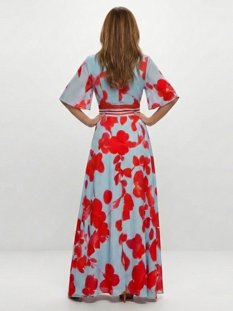 Floral Wrap Front Maxi Dress with Kimono Sleeves and Contrast Waistband
