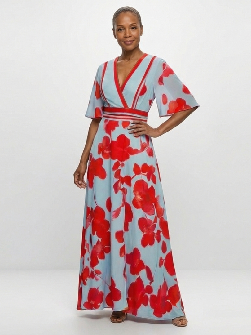 Floral Wrap Front Maxi Dress with Kimono Sleeves and Contrast Waistband
