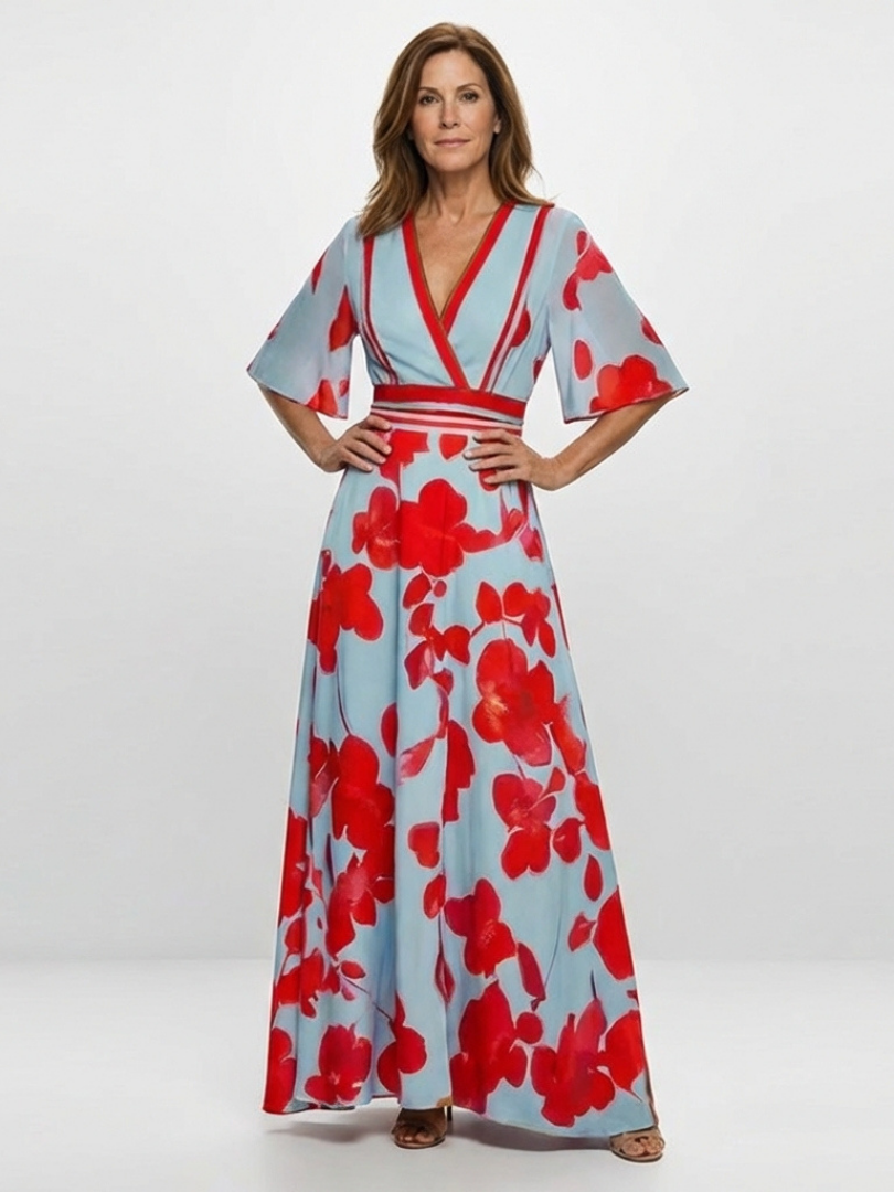 Floral Wrap Front Maxi Dress with Kimono Sleeves and Contrast Waistband