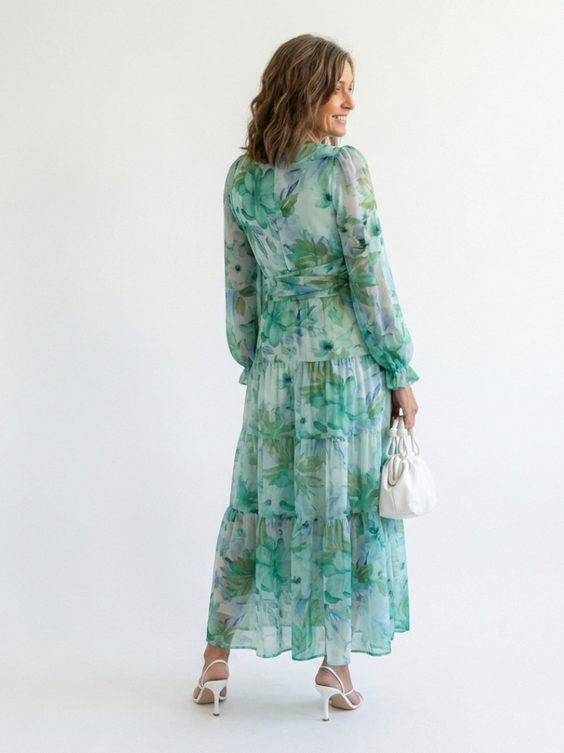 Floral Wrap Front Maxi Dress with Long Sleeves and Ruffle Tiered Skirt