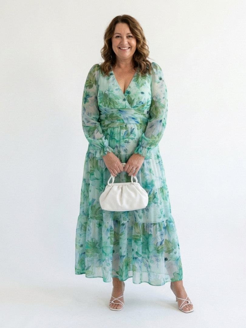 Floral Wrap Front Maxi Dress with Long Sleeves and Ruffle Tiered Skirt
