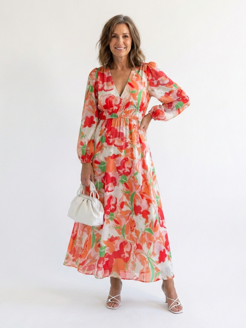 Floral Wrap Front Maxi Dress with Long Sleeves and Ruffle Tiered Skirt