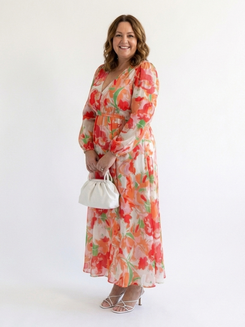 Floral Wrap Front Maxi Dress with Long Sleeves and Ruffle Tiered Skirt