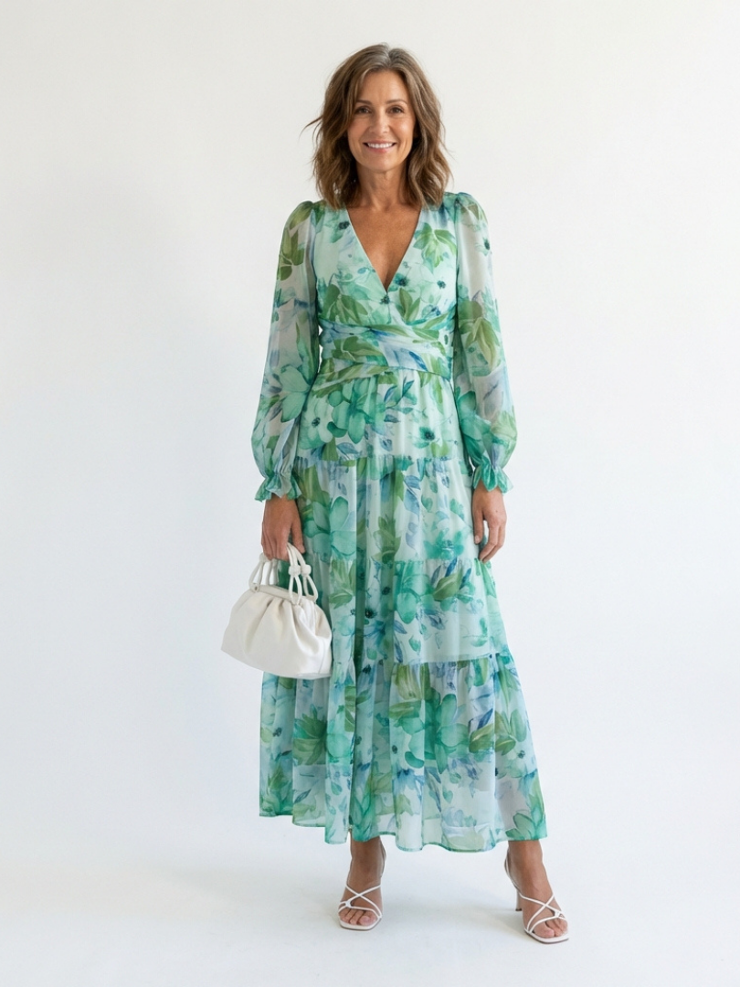 Floral Wrap Front Maxi Dress with Long Sleeves and Ruffle Tiered Skirt