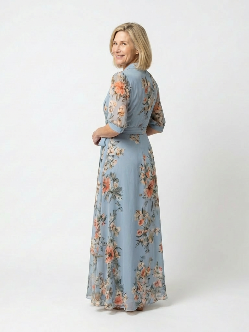 Floral Wrap Maxi Dress with Collared Neckline and Tie Waist