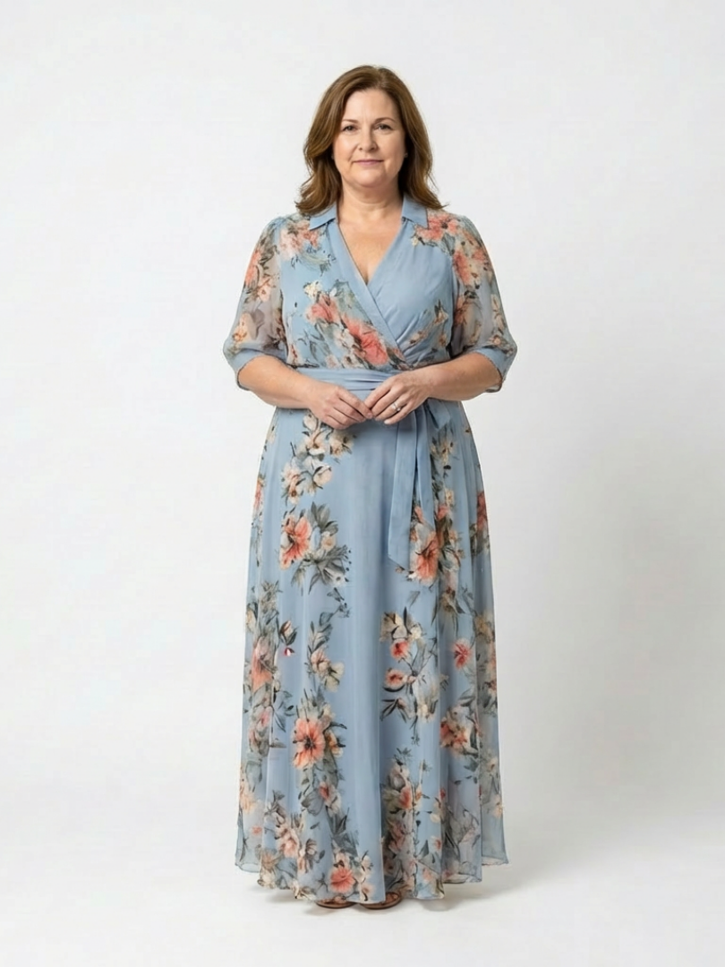 Floral Wrap Maxi Dress with Collared Neckline and Tie Waist