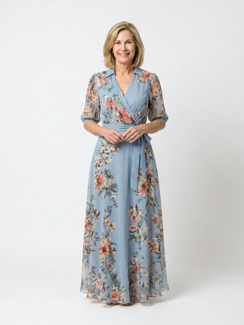 Floral Wrap Maxi Dress with Collared Neckline and Tie Waist