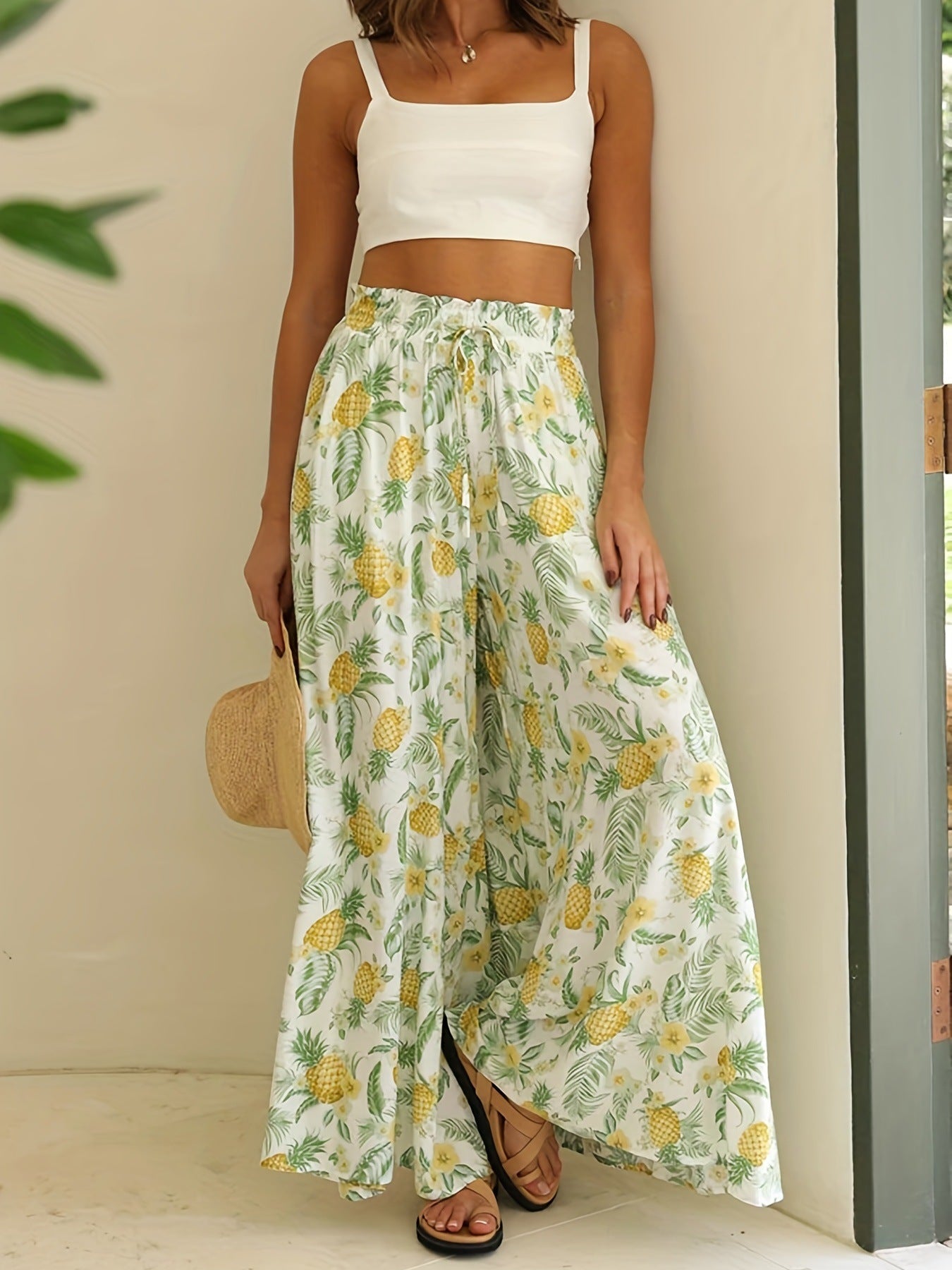Flowy High Waist Floral Pants with Drawstring Waist