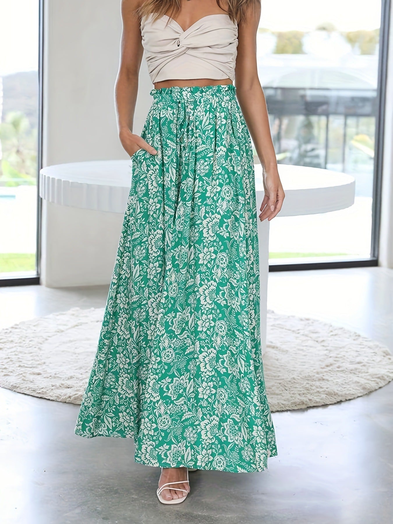Flowy High Waist Floral Pants with Drawstring Waist