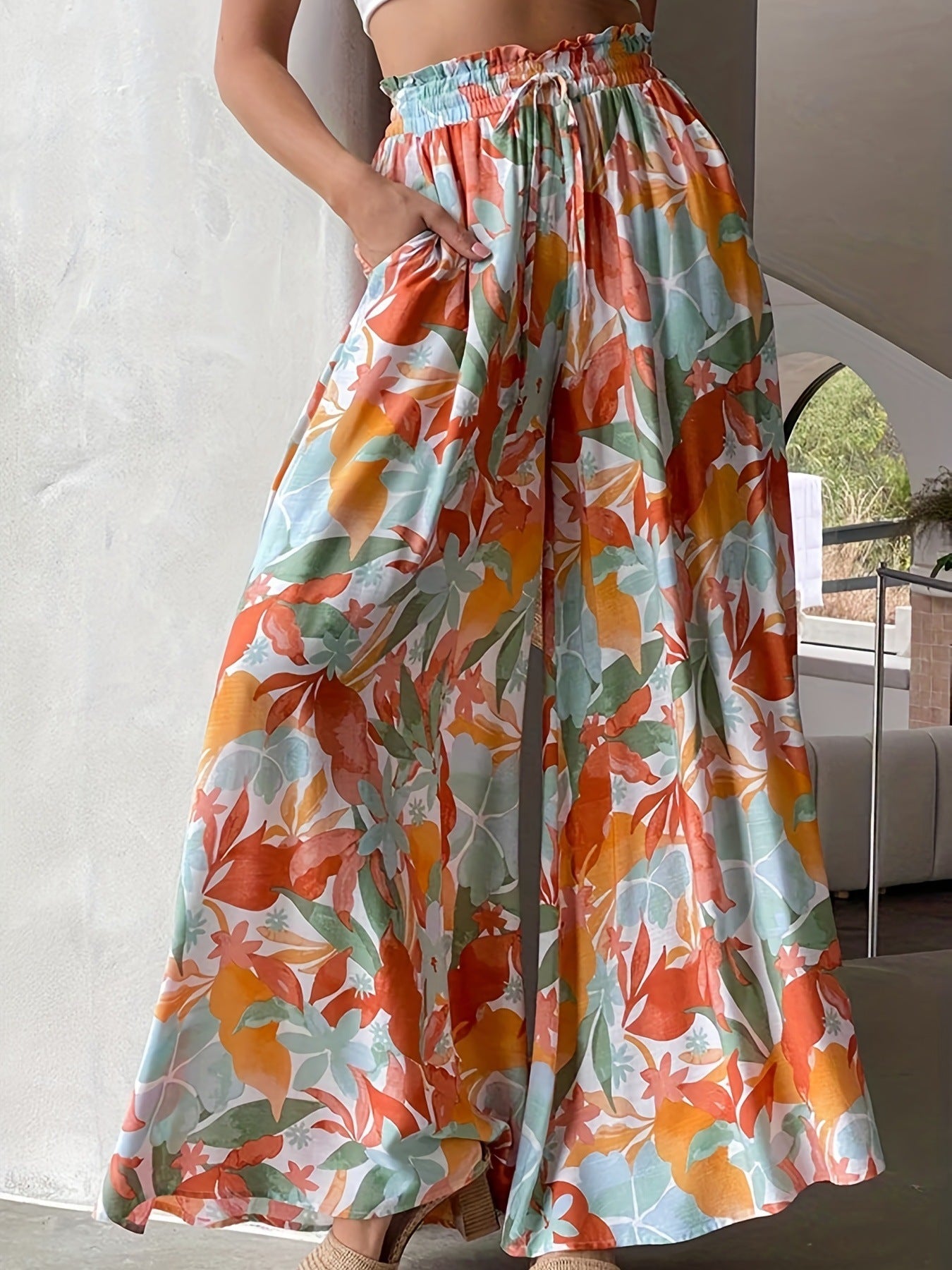 Flowy High Waist Floral Pants with Drawstring Waist
