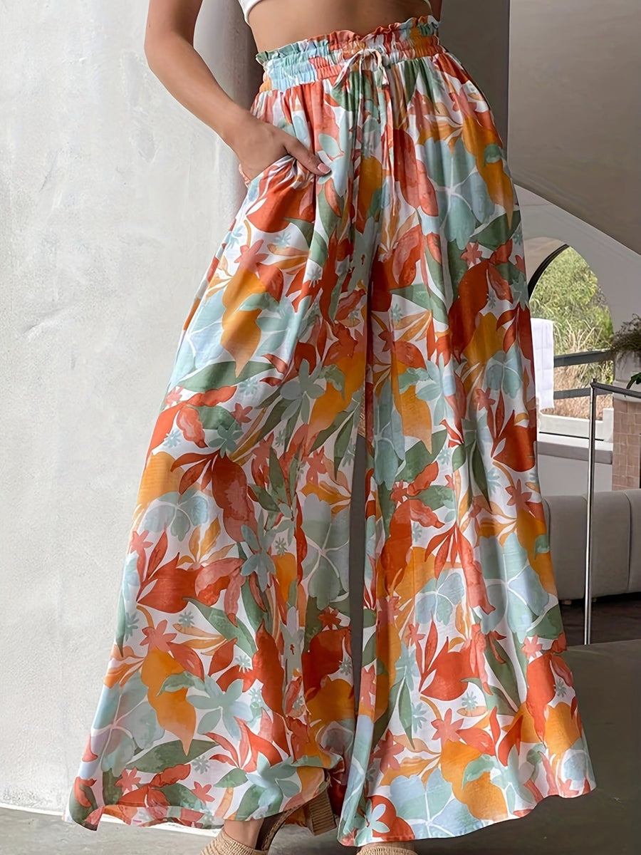 Flowy High Waist Floral Pants with Drawstring Waist