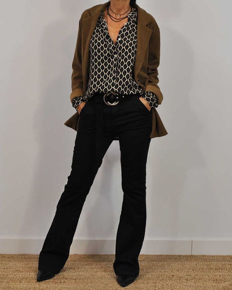 Geometric Print Blouse with Ruffle Collar and Long Sleeves