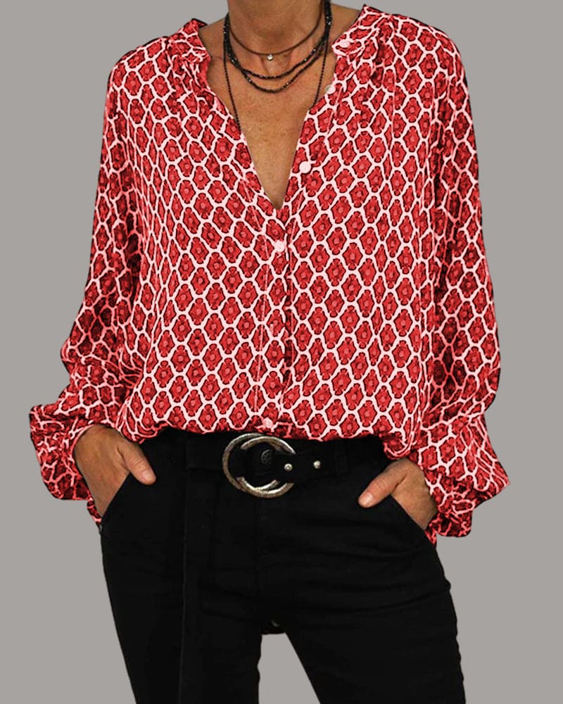 Geometric Print Blouse with Ruffle Collar and Long Sleeves