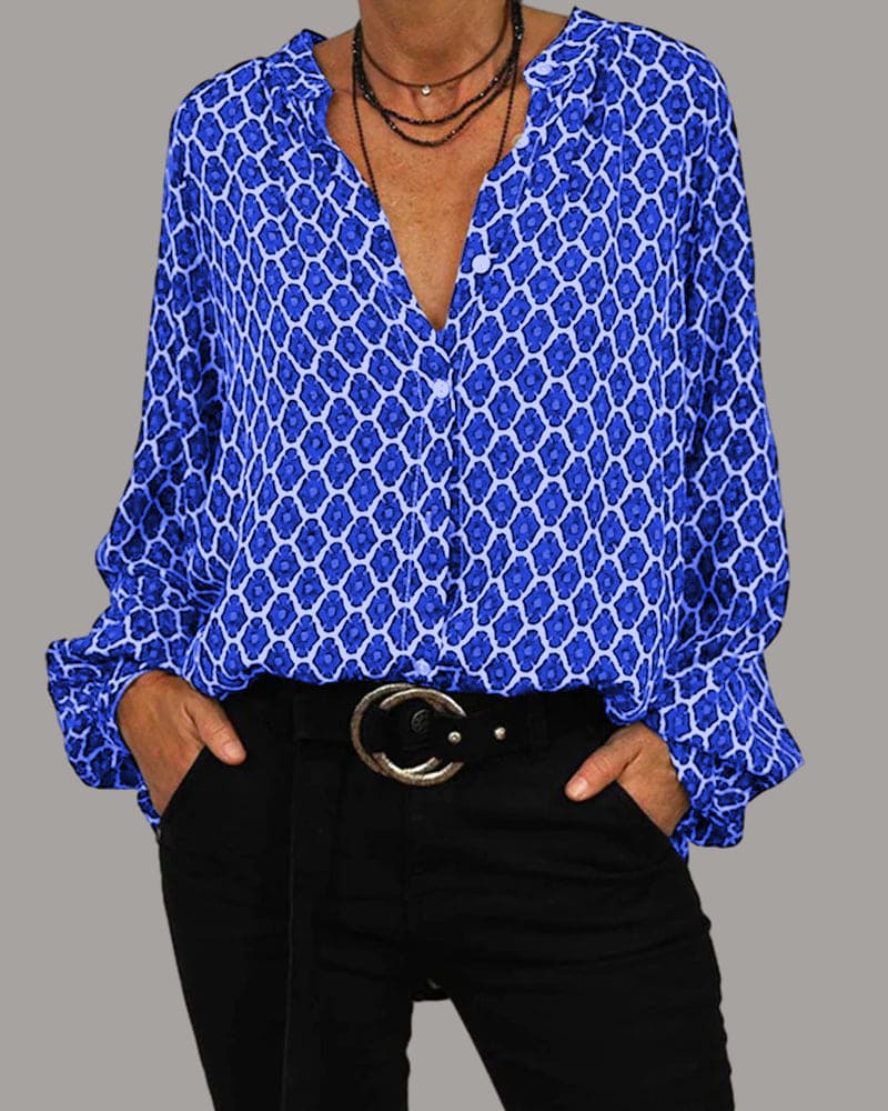 Geometric Print Blouse with Ruffle Collar and Long Sleeves