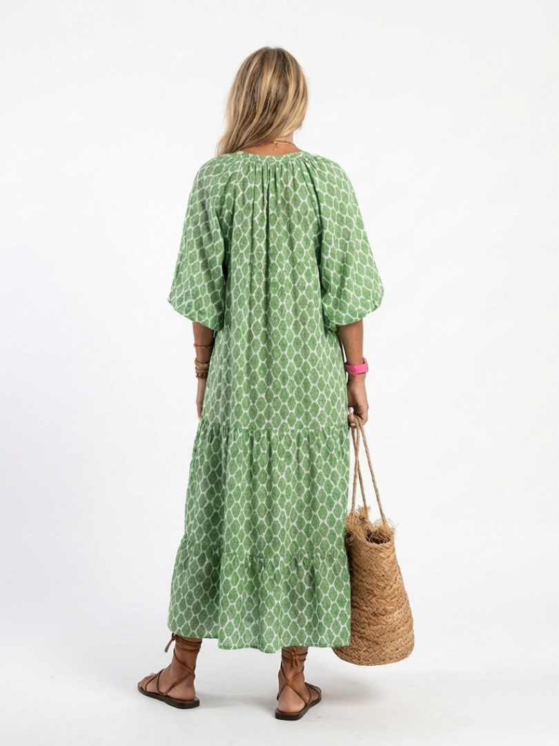 Geometric Print Summer Dress with Balloon Sleeves and Tiered Skirt