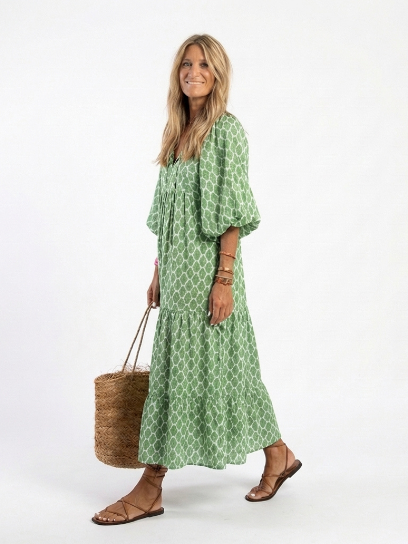 Geometric Print Summer Dress with Balloon Sleeves and Tiered Skirt