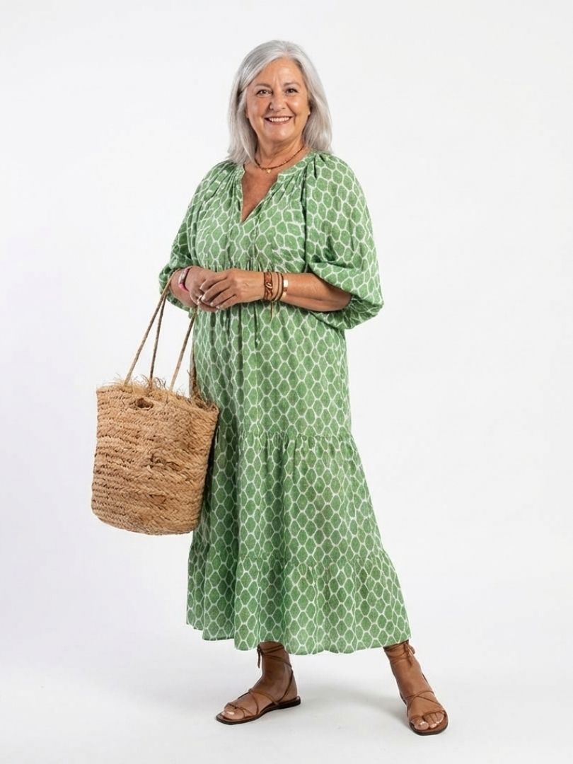 Geometric Print Summer Dress with Balloon Sleeves and Tiered Skirt