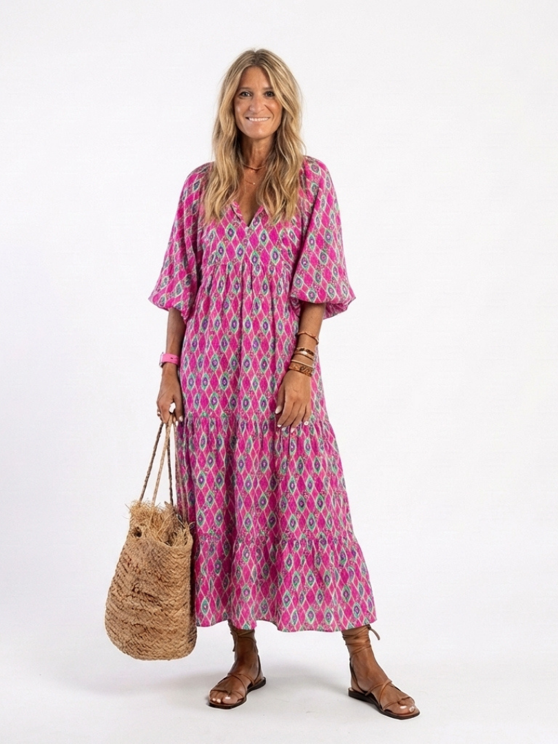 Geometric Print Summer Dress with Balloon Sleeves and Tiered Skirt