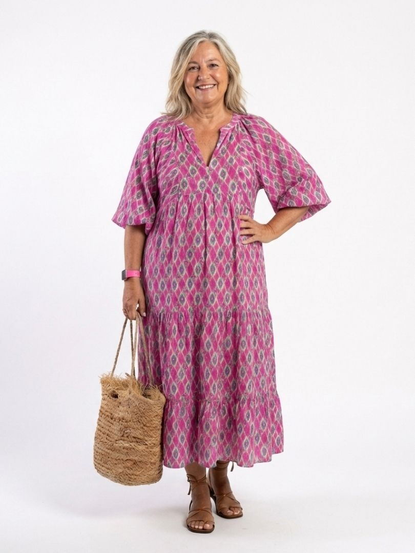 Geometric Print Summer Dress with Balloon Sleeves and Tiered Skirt
