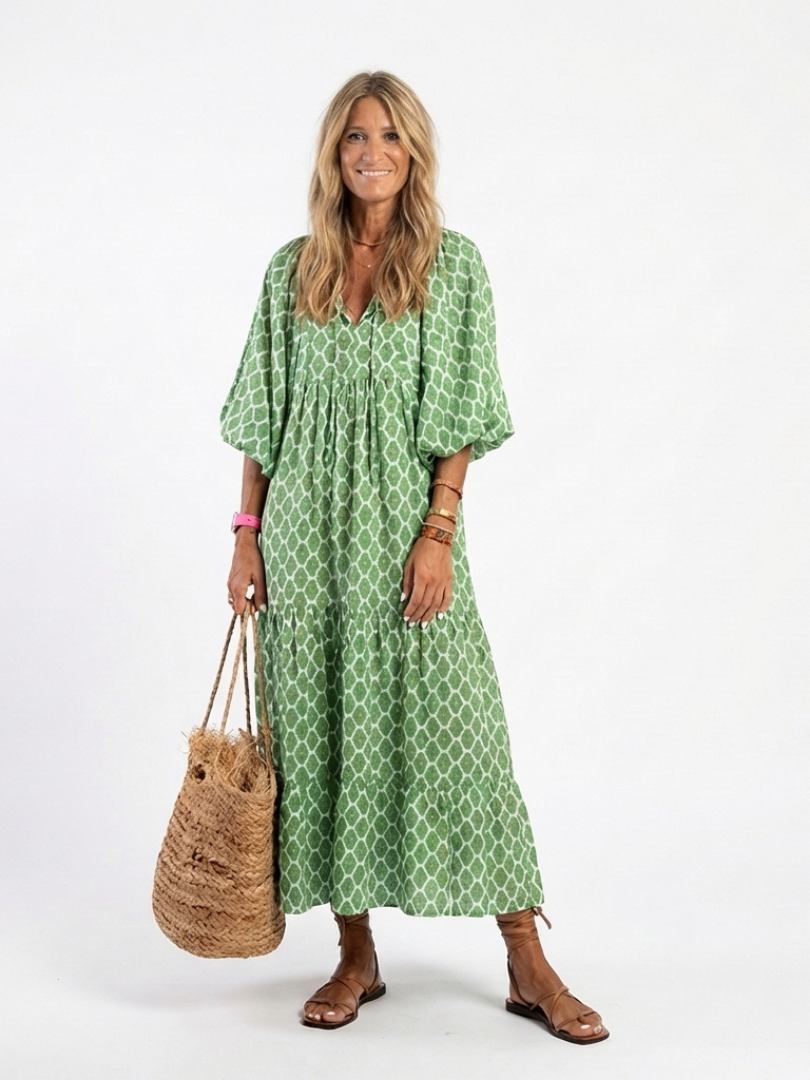 Geometric Print Summer Dress with Balloon Sleeves and Tiered Skirt