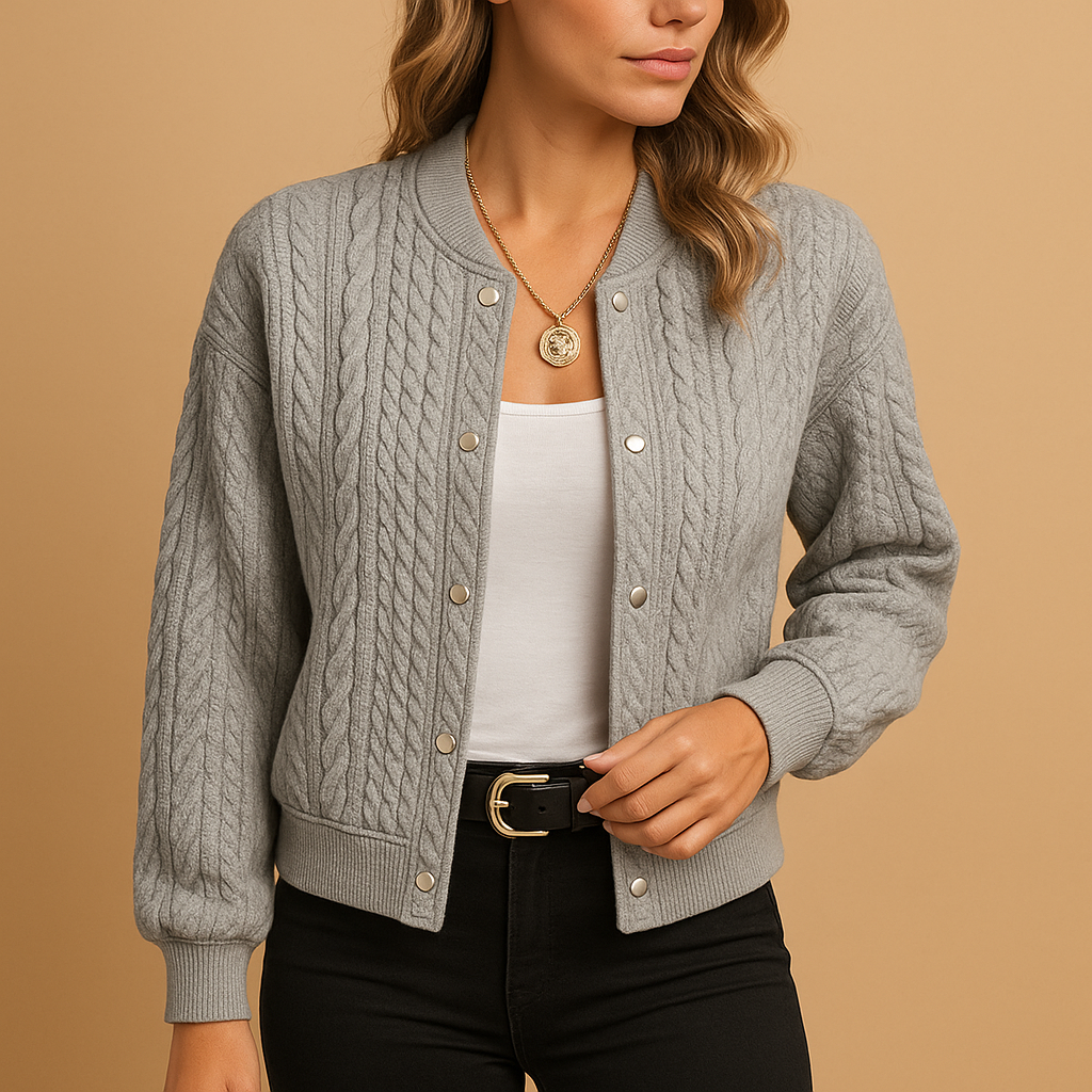 Grey Cable Knit Cardigan with Gold Snap Buttons