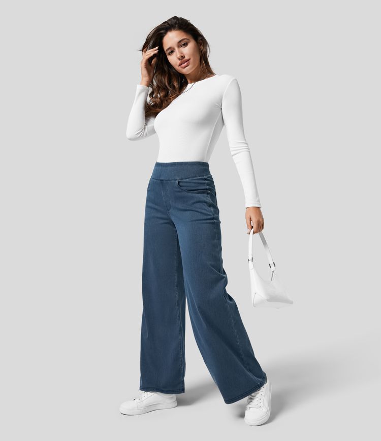 Comfortable High Waist Wide Leg Jeans with Pull-On Waistband