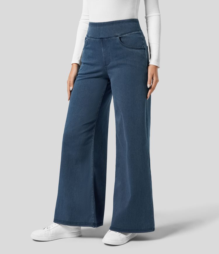 Comfortable High Waist Wide Leg Jeans with Pull-On Waistband
