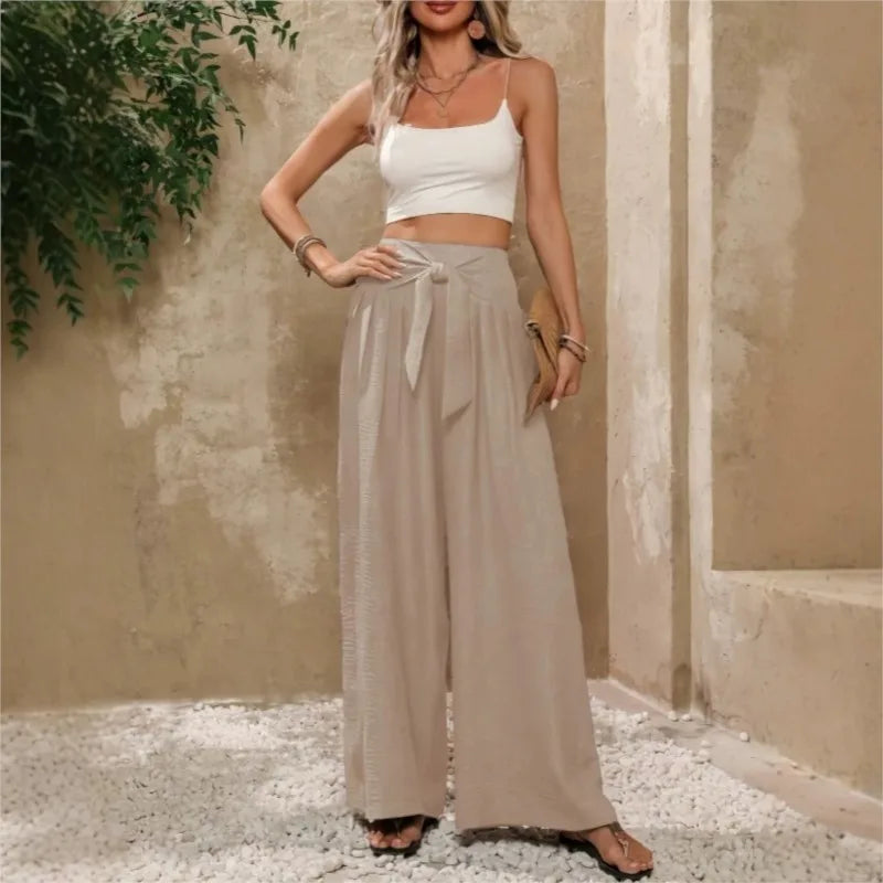 High Waist Wide Leg Linen Trousers with Tie Waist and Pleated Front