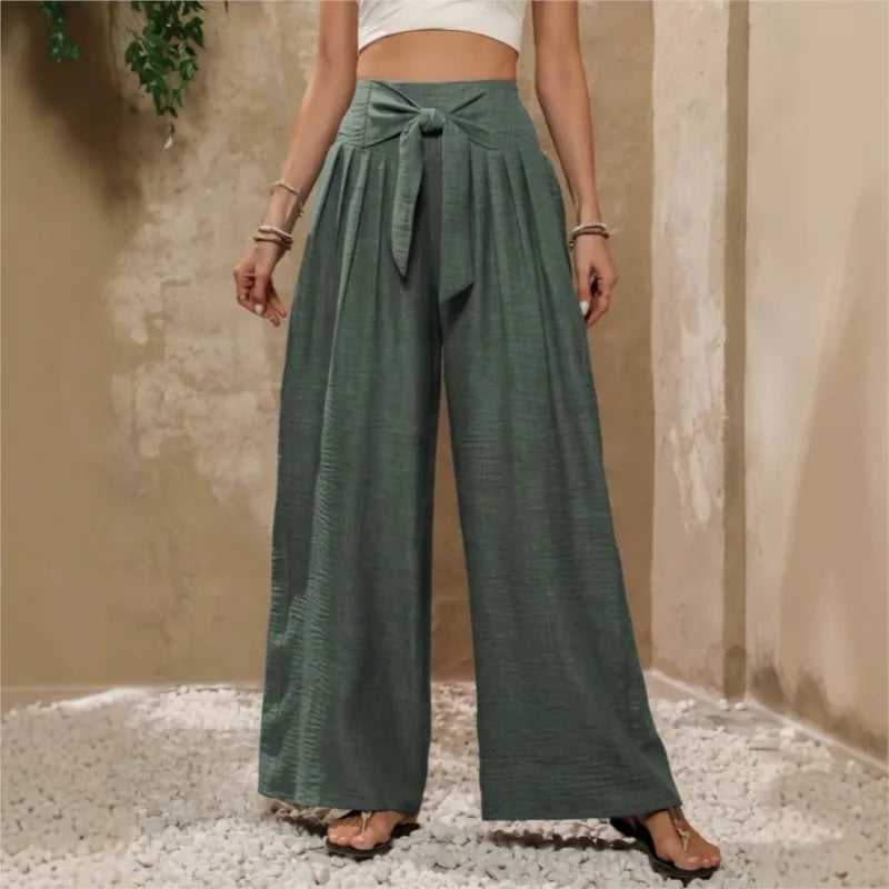 High Waist Wide Leg Linen Trousers with Tie Waist and Pleated Front
