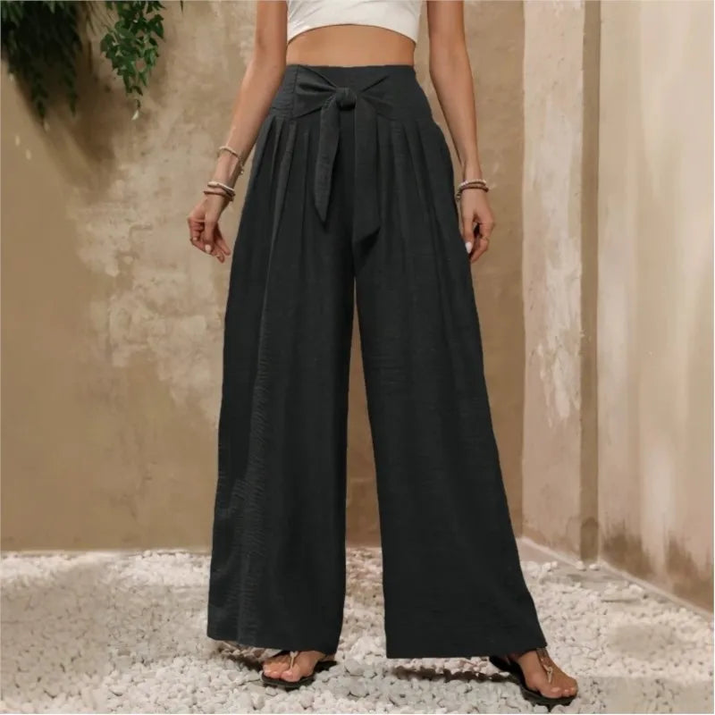 High Waist Wide Leg Linen Trousers with Tie Waist and Pleated Front