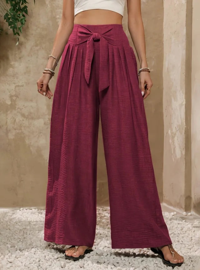 High Waist Wide Leg Linen Trousers with Tie Waist and Pleated Front
