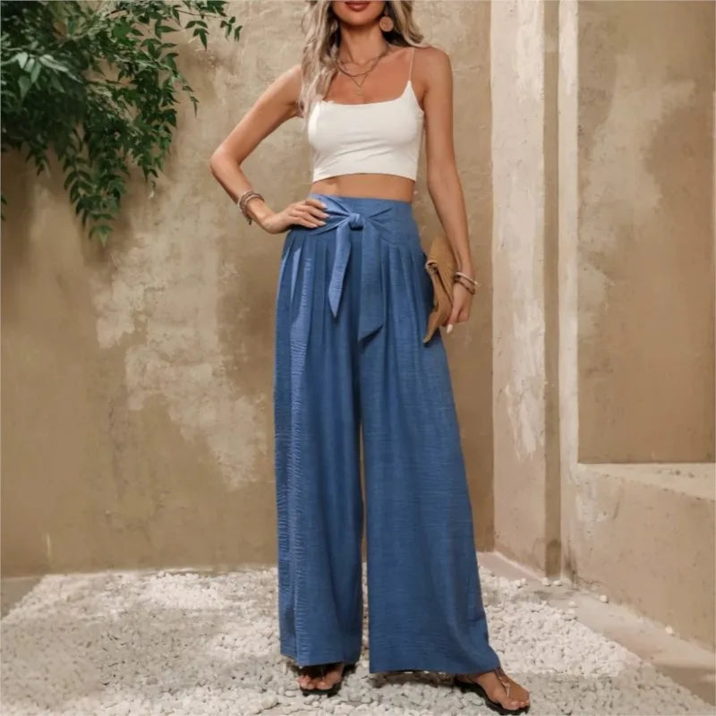 High Waist Wide Leg Linen Trousers with Tie Waist and Pleated Front