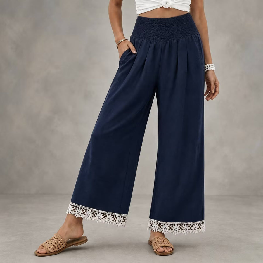 High Waist Wide Leg Trousers with Floral Lace Hem