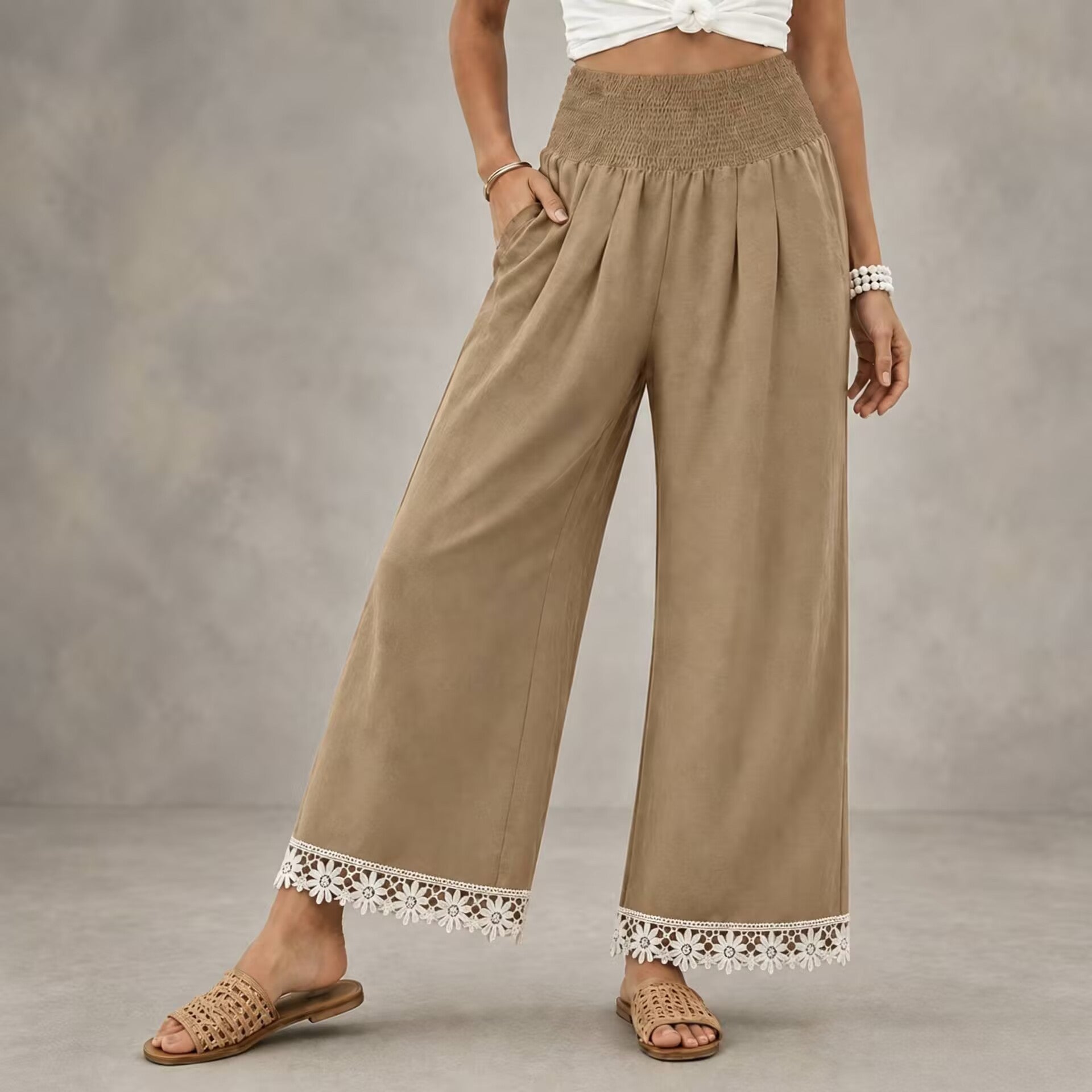 High Waist Wide Leg Trousers with Floral Lace Hem
