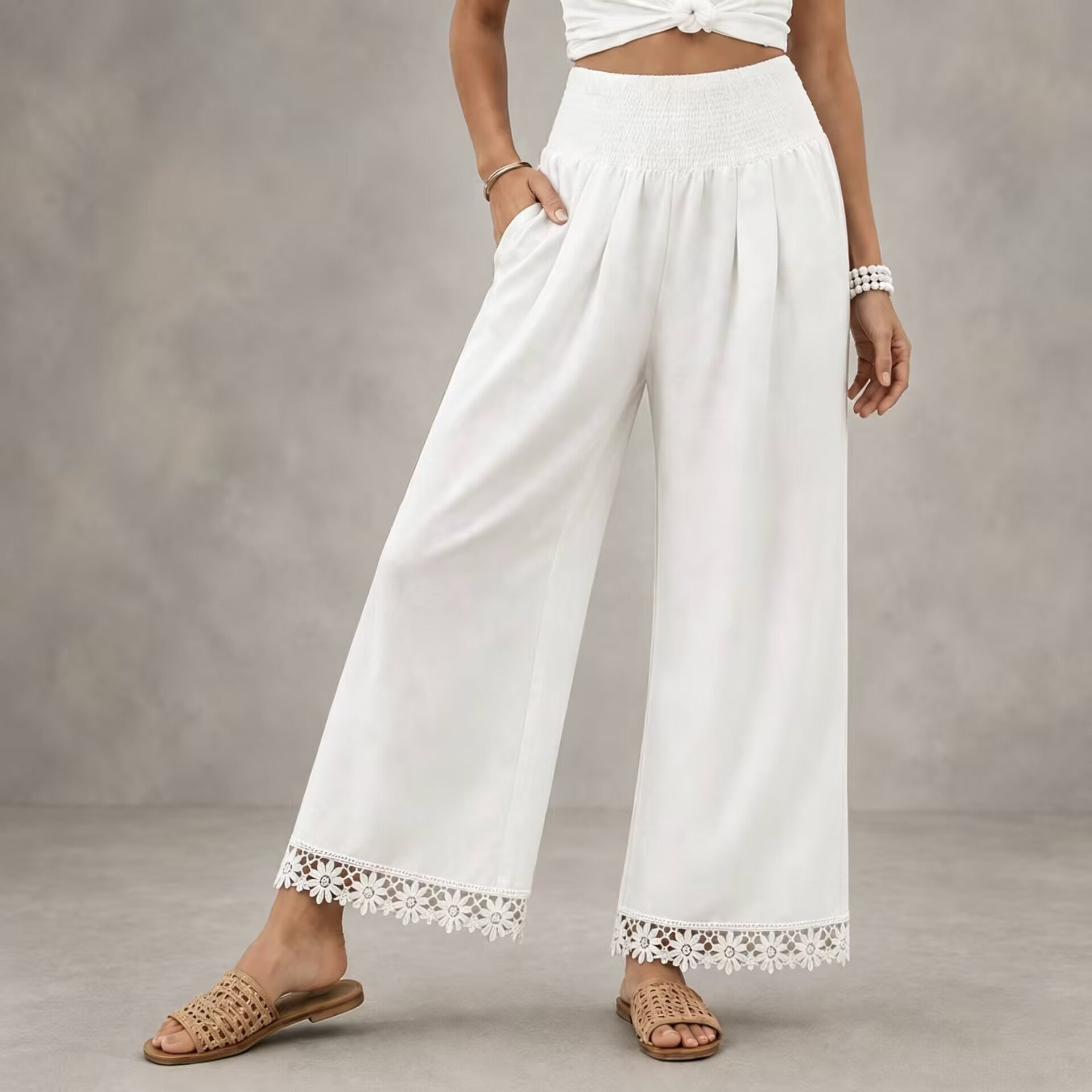 High Waist Wide Leg Trousers with Floral Lace Hem