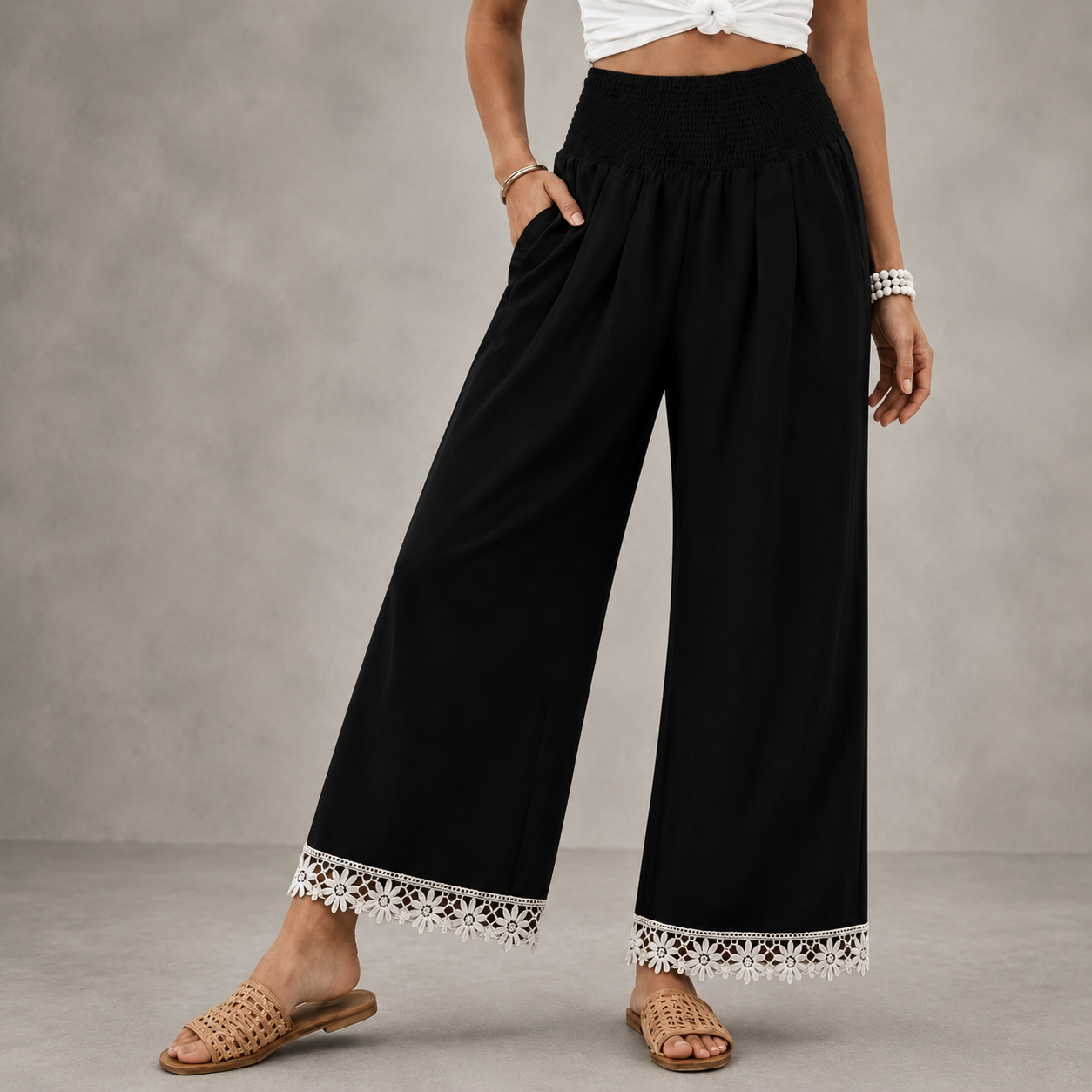 High Waist Wide Leg Trousers with Floral Lace Hem