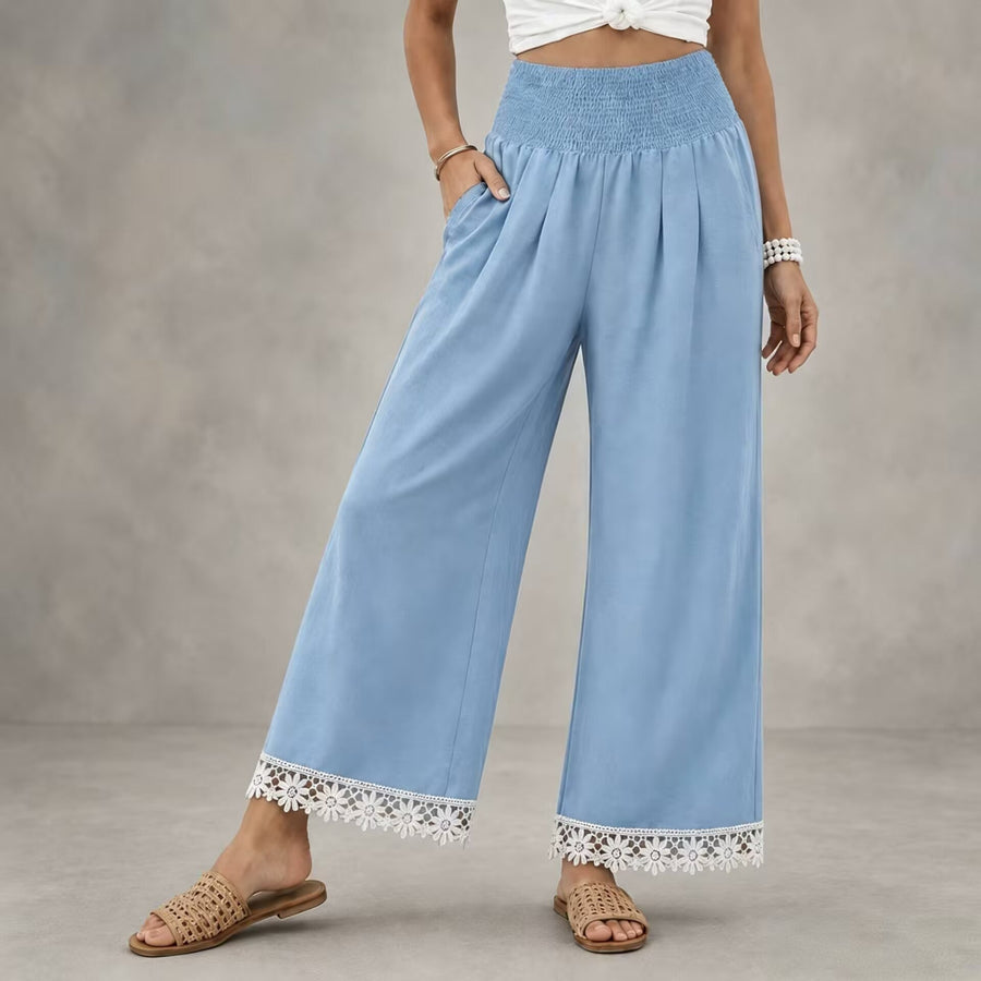 High Waist Wide Leg Trousers with Floral Lace Hem