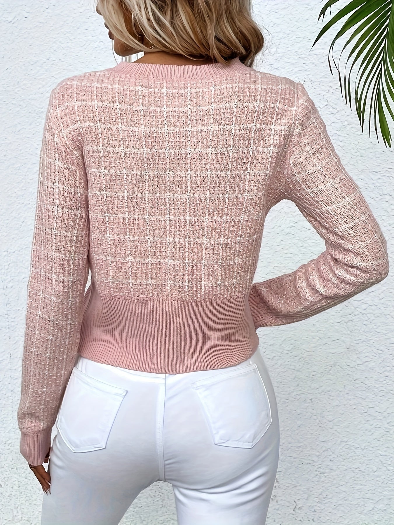 Houndstooth Knit Cardigan with Gold Buttons and Chest Pockets
