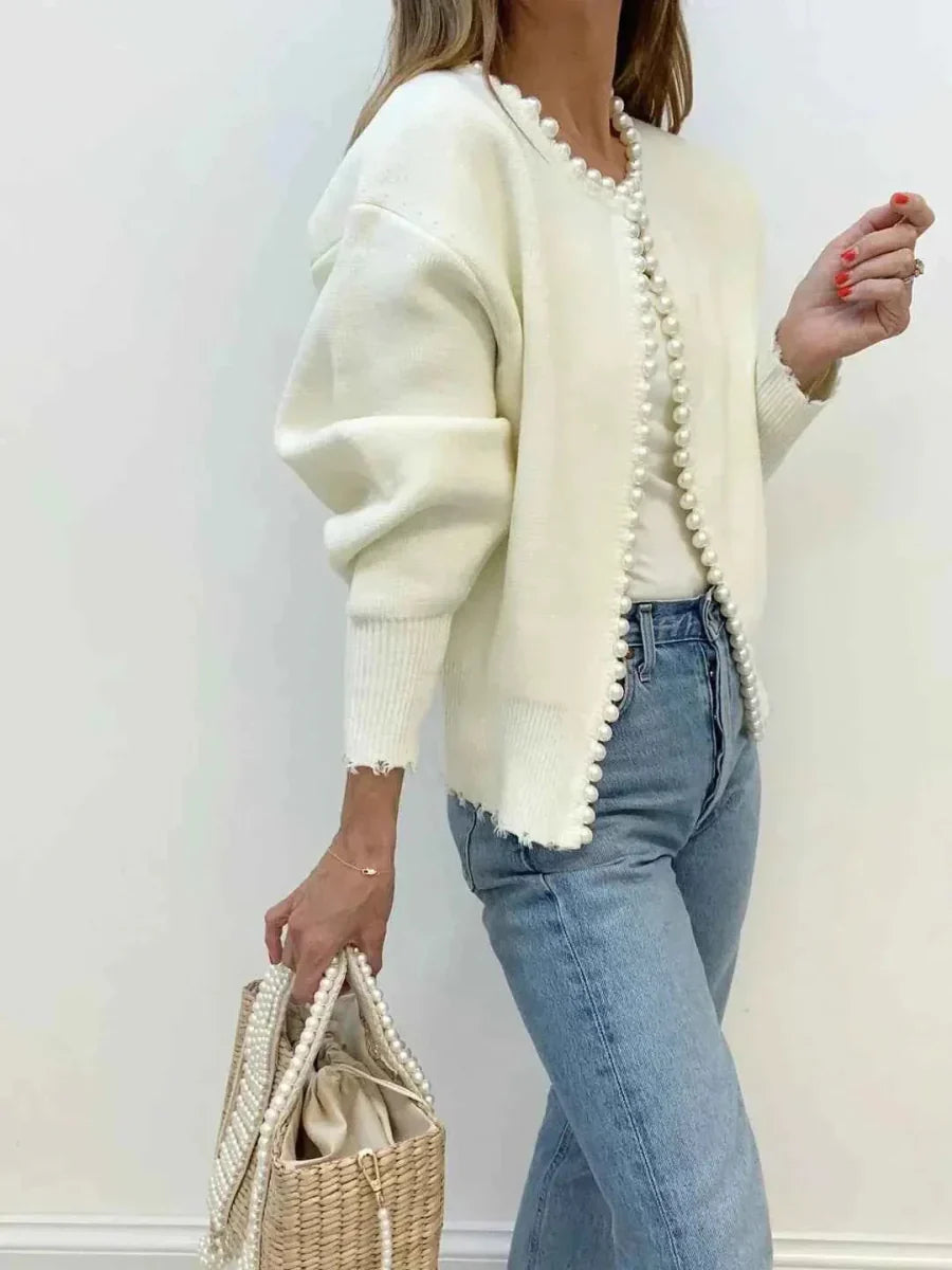Ivory Open Front Cardigan with Pearl Trim Detail