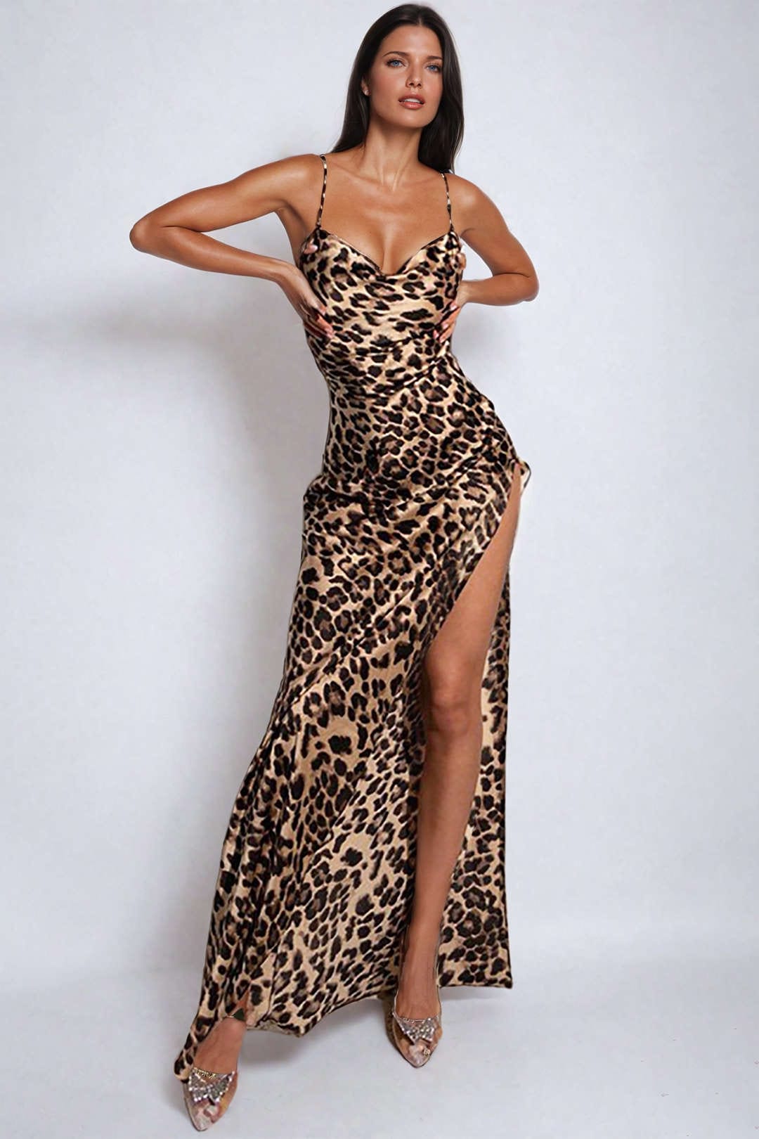 Leopard Print Satin Maxi Dress with Thigh Split and Cowl Neck