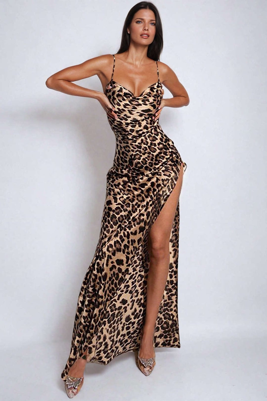 Leopard Print Satin Maxi Dress with Thigh Split and Cowl Neck