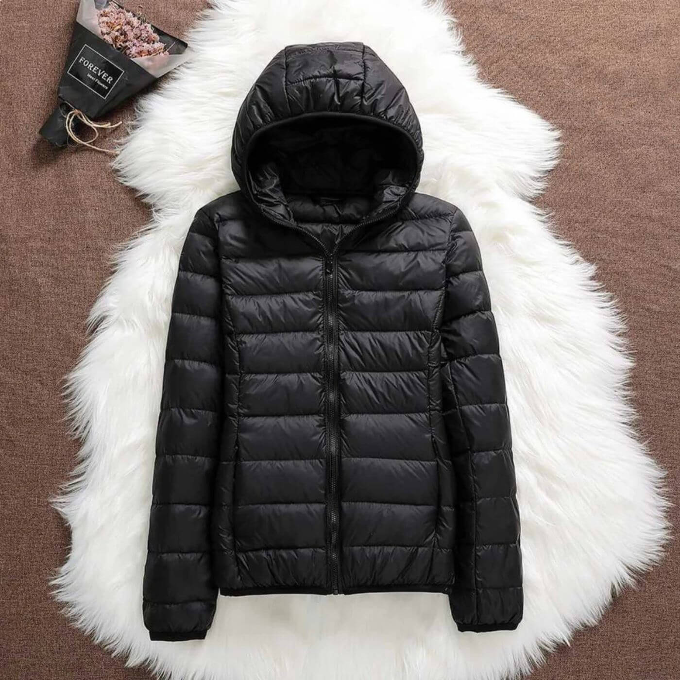 Lightweight Windproof Hooded Puffer Jacket with Zip Closure