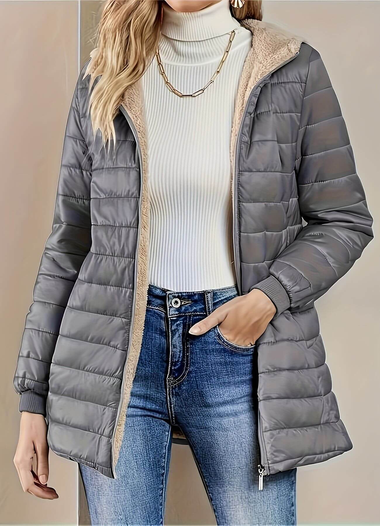 Lightweight Hooded Puffer Jacket with Ribbed Cuffs