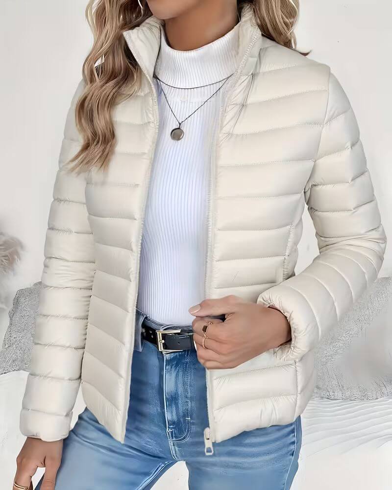 Lightweight Puffer Jacket with Stand Collar and Zip Closure
