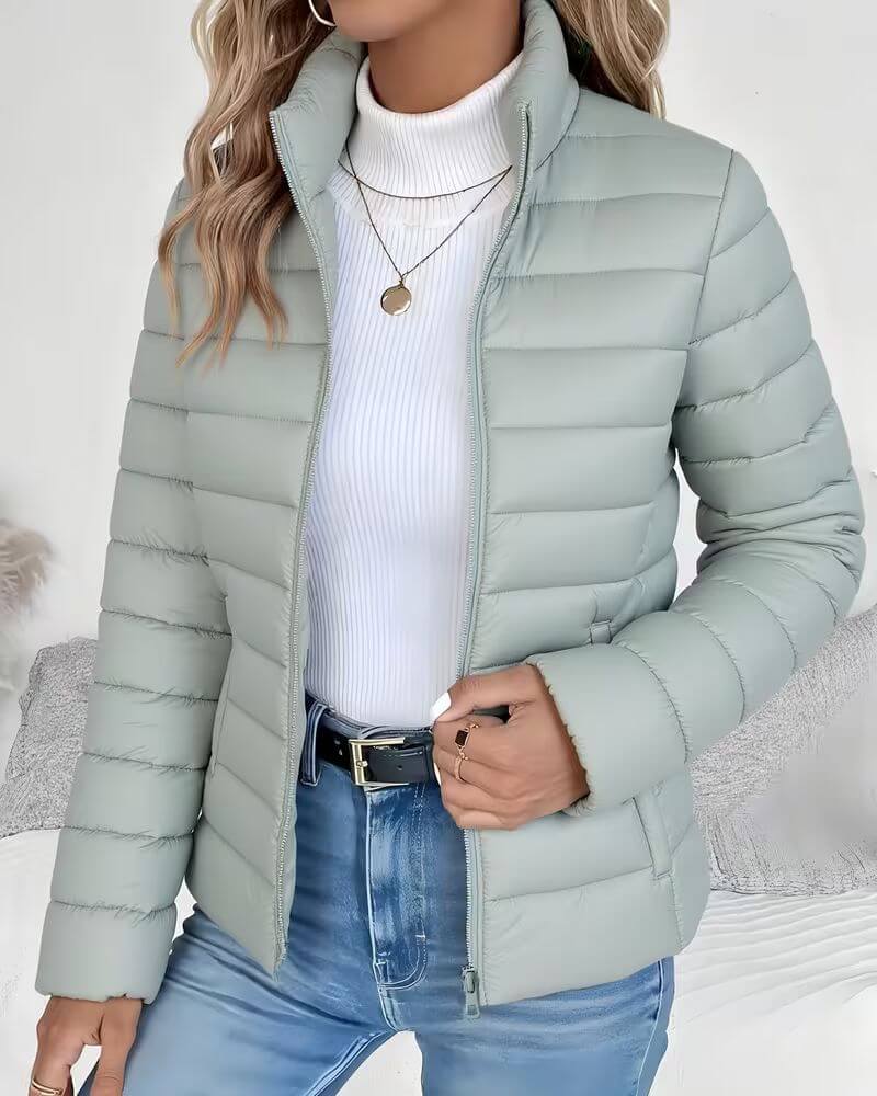 Lightweight Puffer Jacket with Stand Collar and Zip Closure