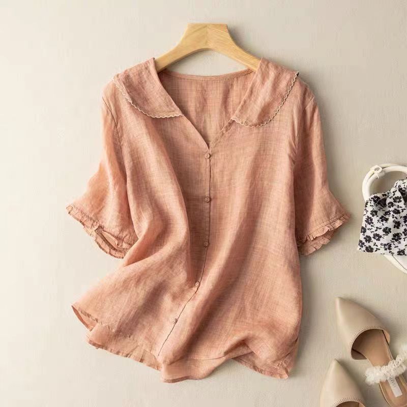 Linen Blouse with Peter Pan Collar and Ruffle Sleeves