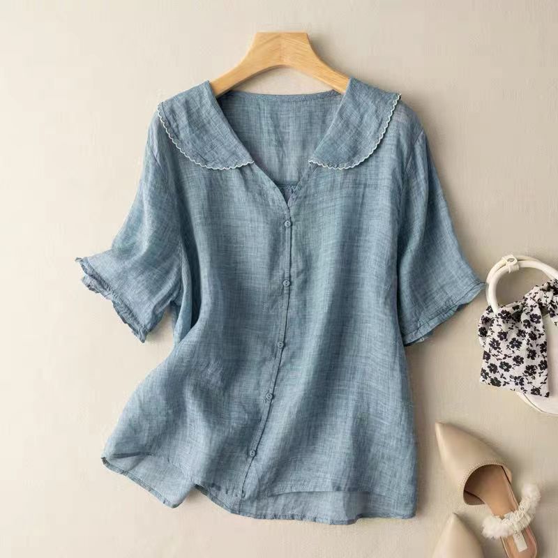 Linen Blouse with Peter Pan Collar and Ruffle Sleeves