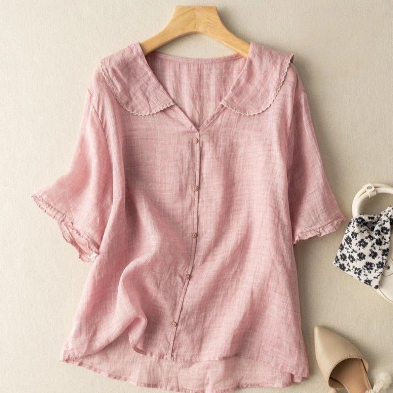 Linen Blouse with Peter Pan Collar and Ruffle Sleeves