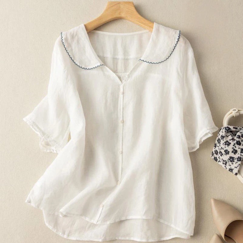 Linen Blouse with Peter Pan Collar and Ruffle Sleeves