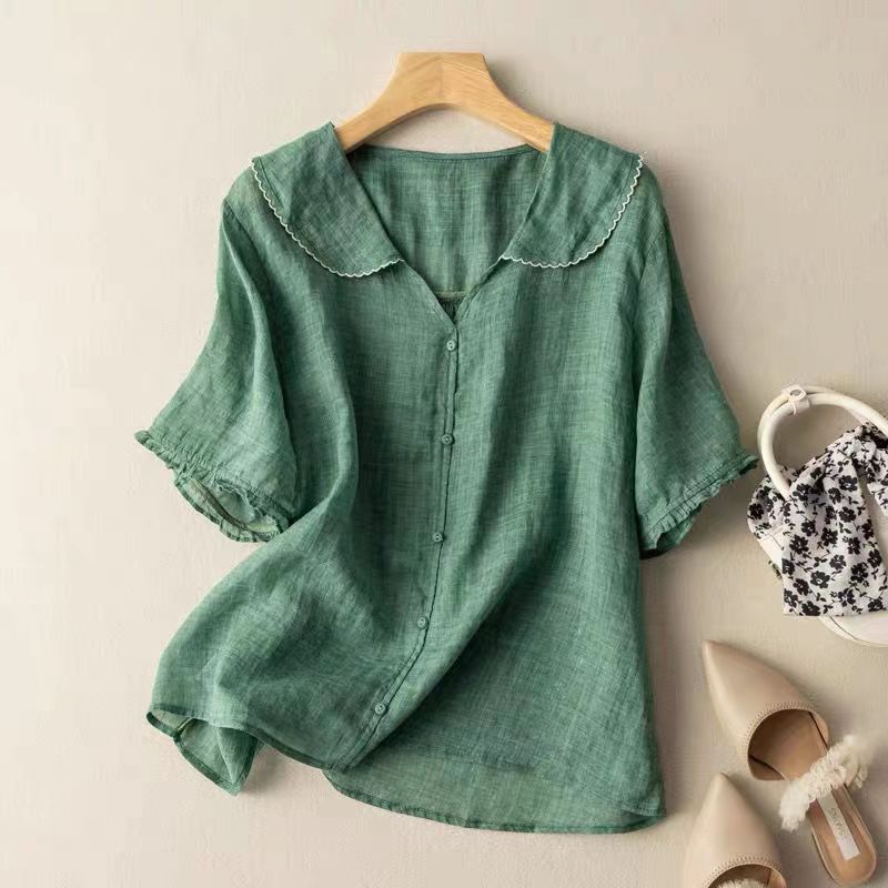 Linen Blouse with Peter Pan Collar and Ruffle Sleeves